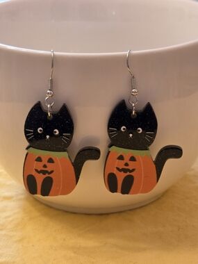 Halloween Black Cat Pumpkin Dangle Earrings